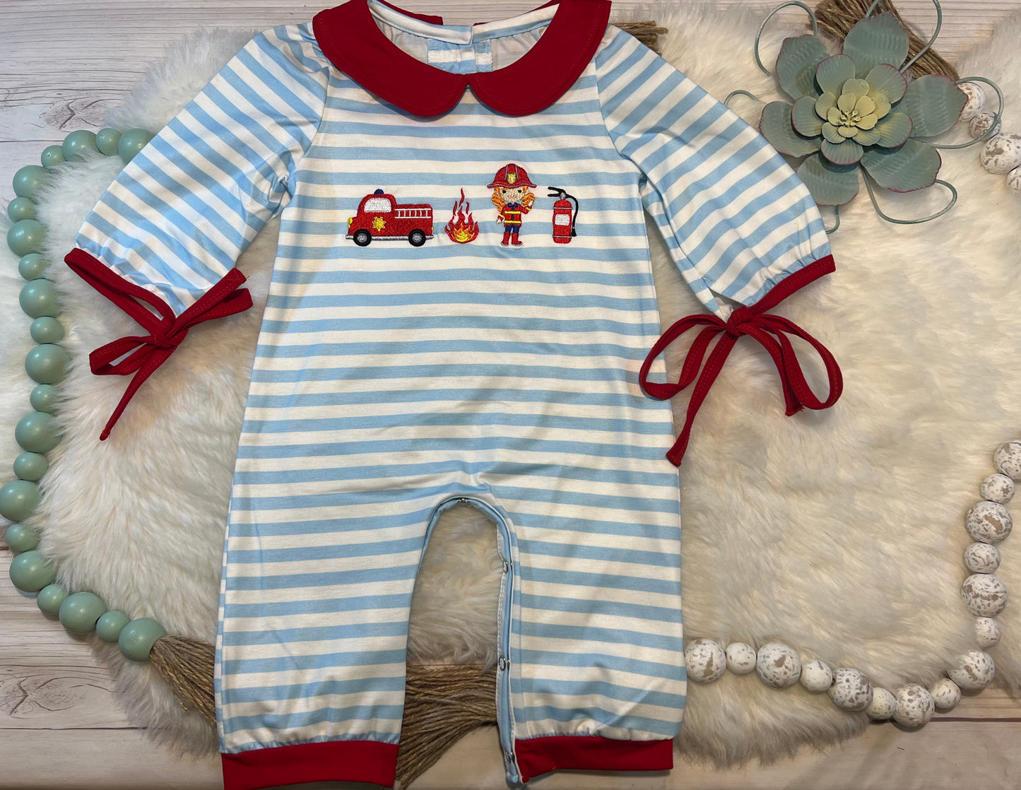 Firetruck Blue Stripe Girl Romper