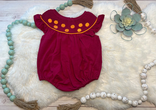 Maroon Embroidery Smocked Pumpkin Bubble