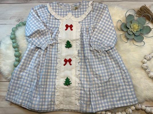 Christmas Hand Embroidered Blue Gingham Dress