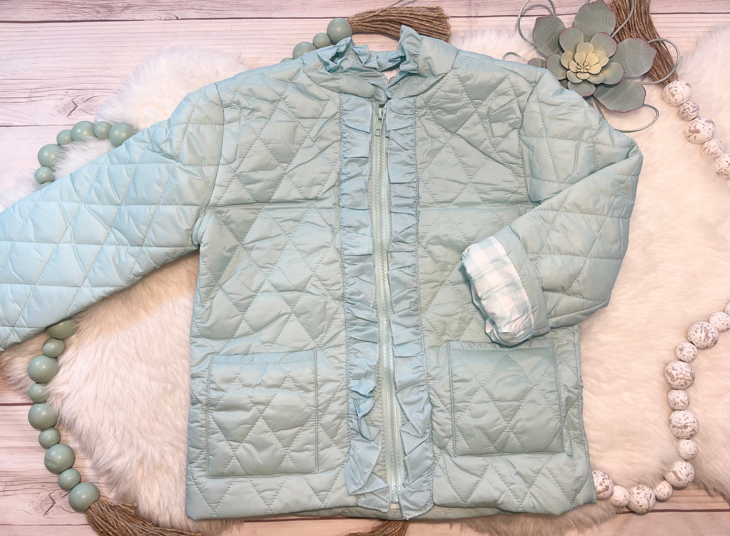 Puff Jacket with Gingham Lining: Mint with Ruffle