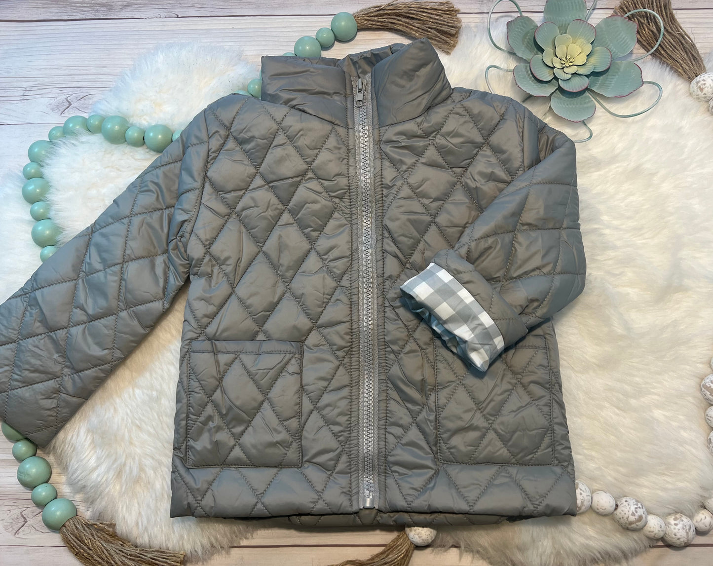 Puff Jacket with Gingham Lining: Gray