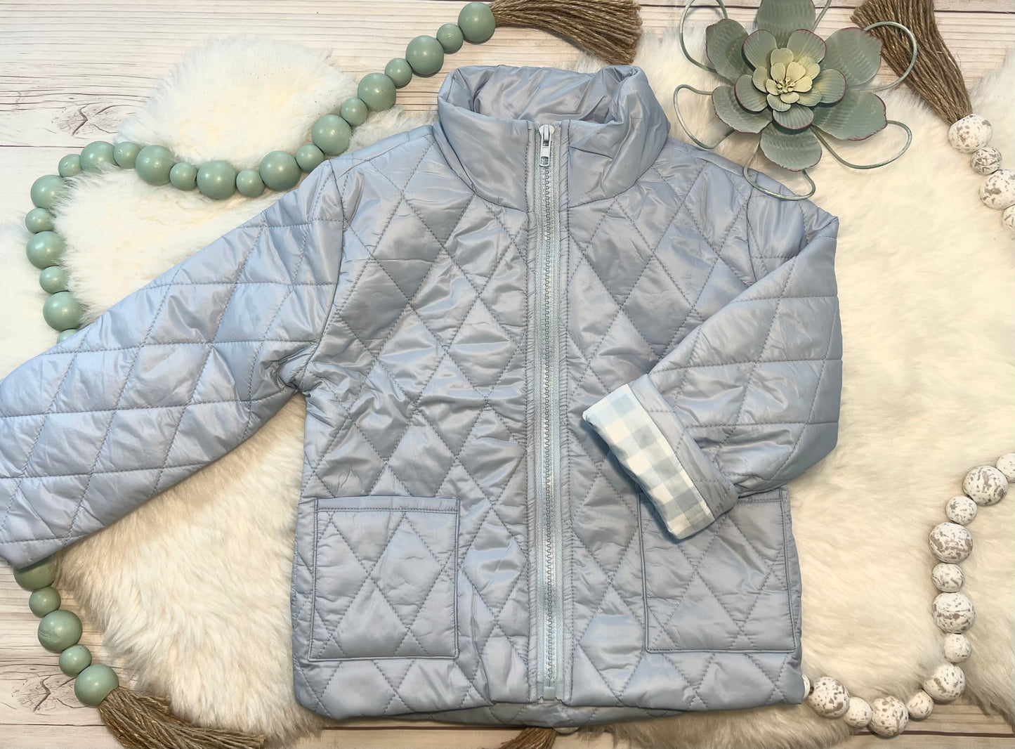 Puff Jacket with Gingham Lining: Powder Blue