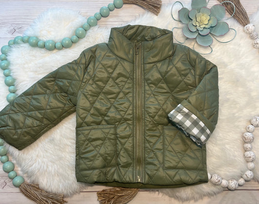 Puff Jacket with Gingham Lining: Olive