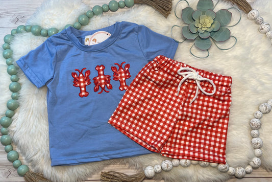 Crawfish Trio Blue and Red Gingham Boy Short Set