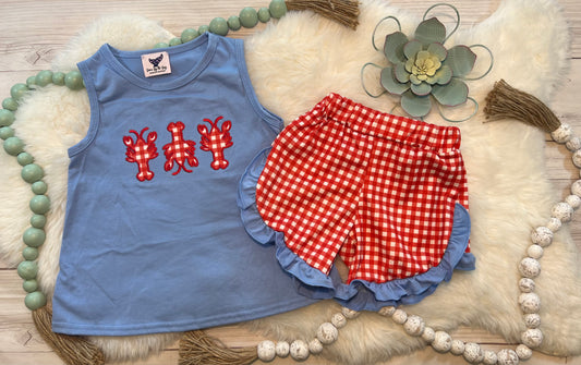 Crawfish Trio Blue and Red Gingham Girl Short Set