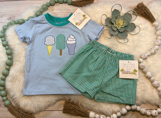 Ice Cream Blue and Green Gingham Boy Short Set